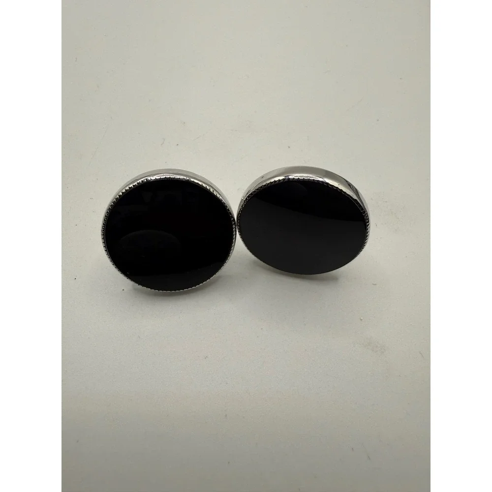 Vintage Round Black Enamel Silver Tone Toggle Back Cufflinks Mens Formal